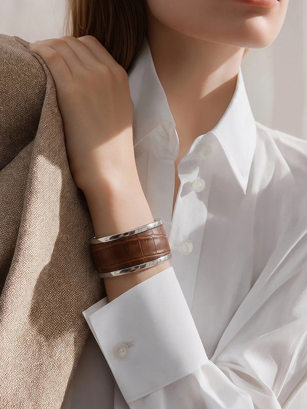 Silver-Toned Wide Cuff Clamper Bracelet with Brown Croc-Embossed Leather, 8-1/2”